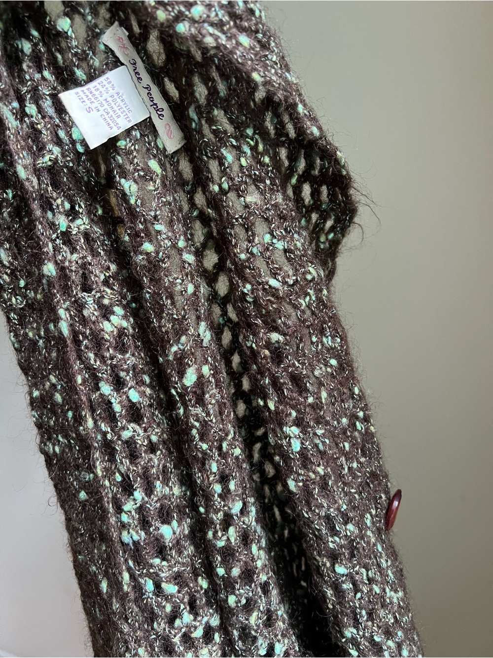 Free People Brown with Mint Fleck Open-Knit Cardigan Y2K size S